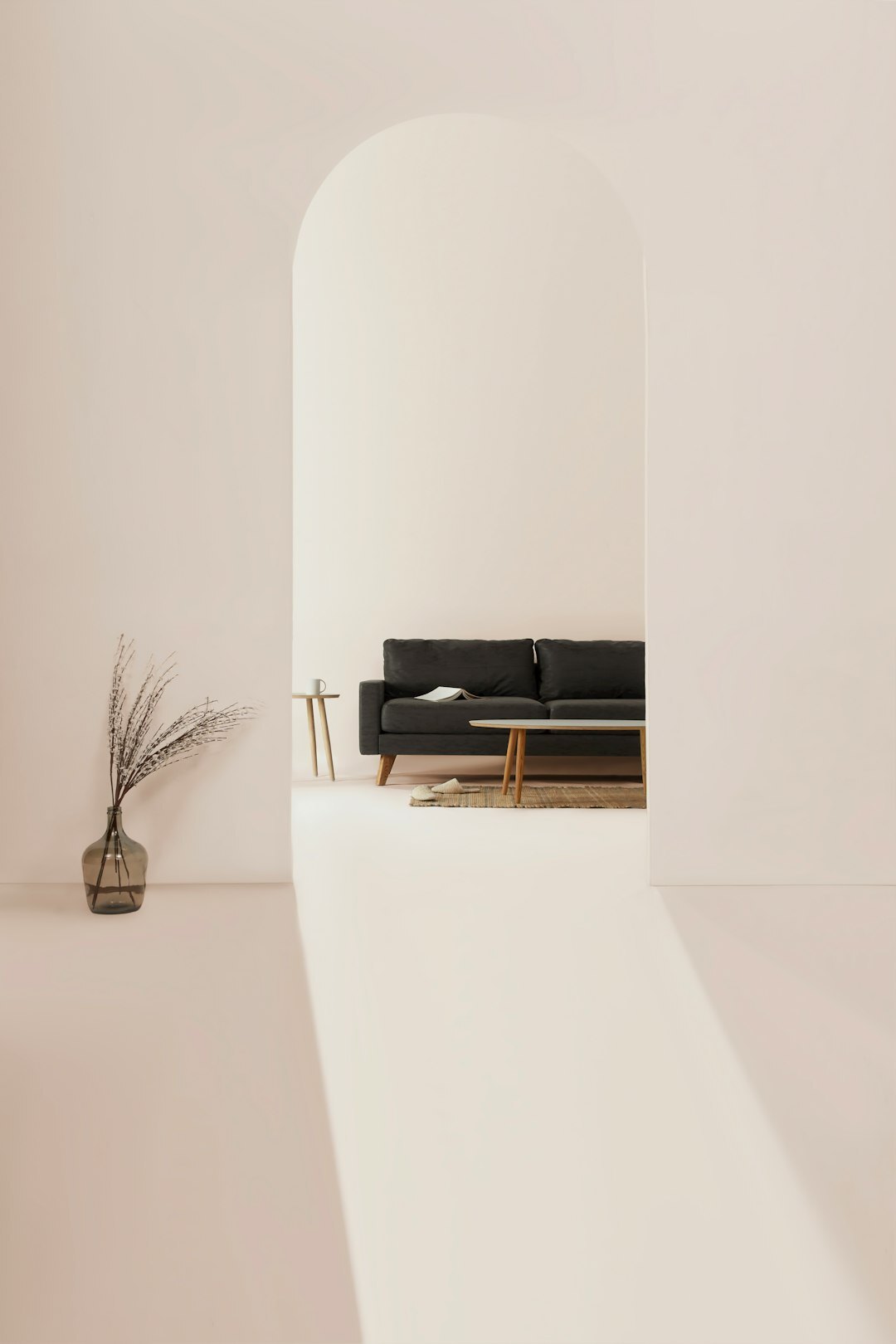 Elegant minimalist interior lounge with warm lighting and leather furniture