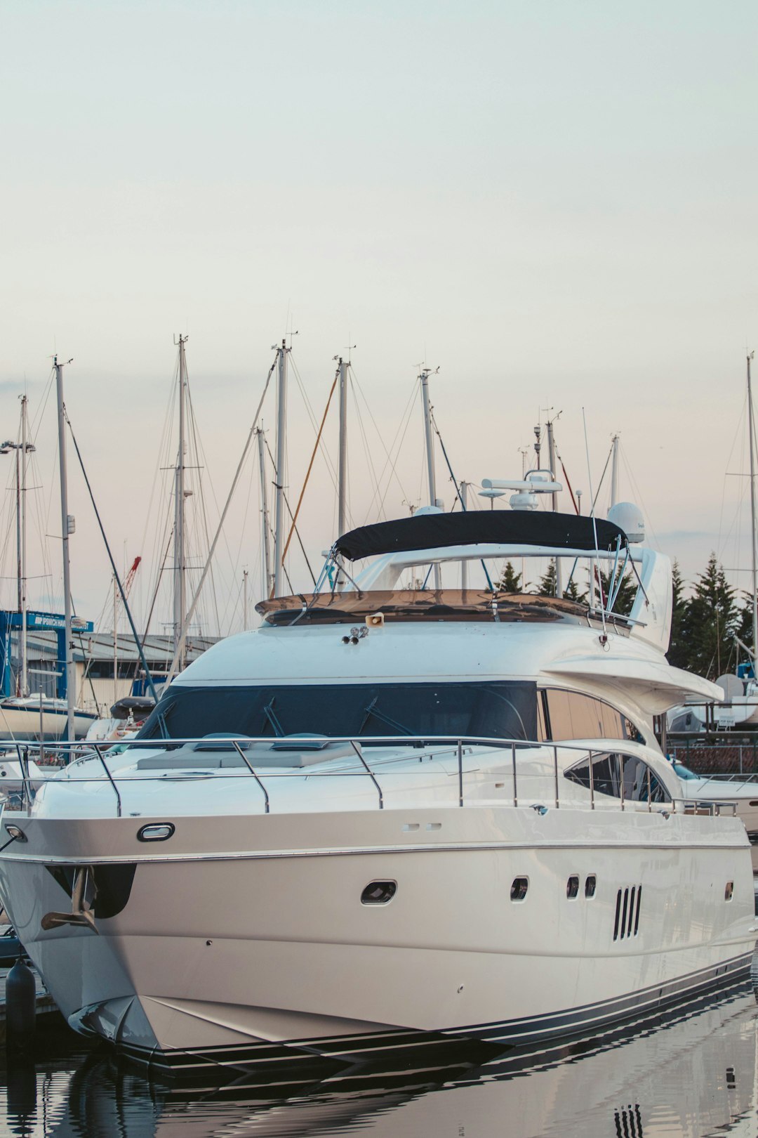 Luxury yachts docked at a marina at sunset